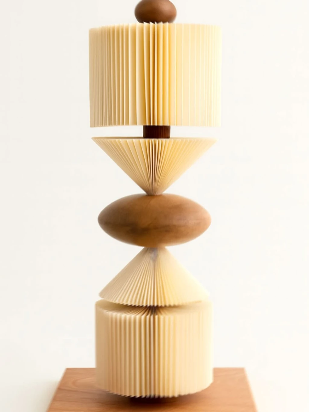 Escultura de papel com quatro dobraduras e base em madeira.