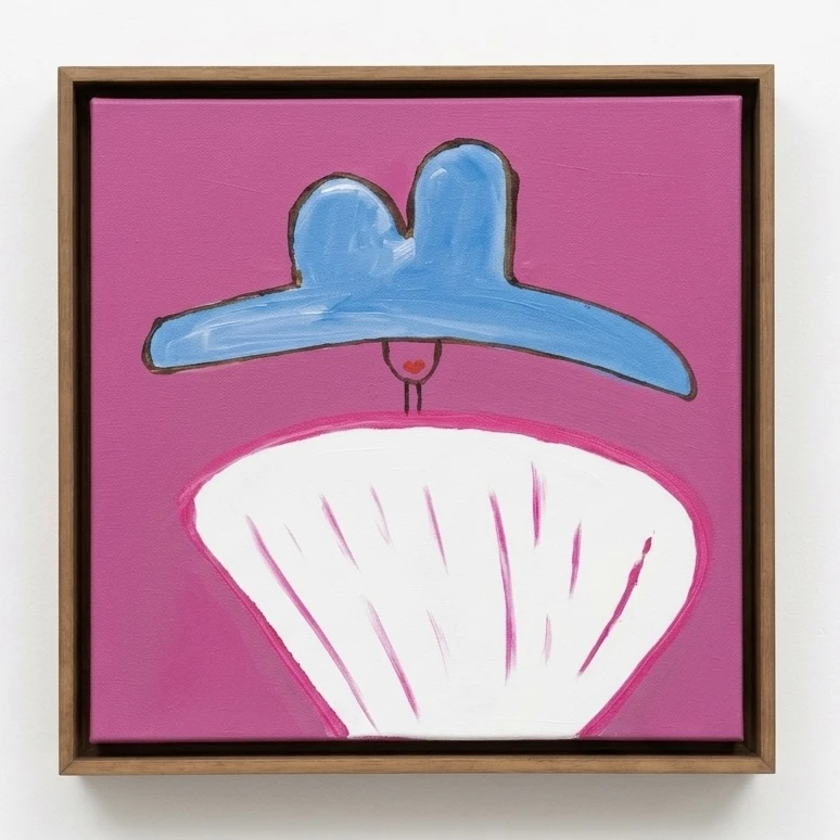 Séria mulheres: chapéu azul, fundo rosa claro